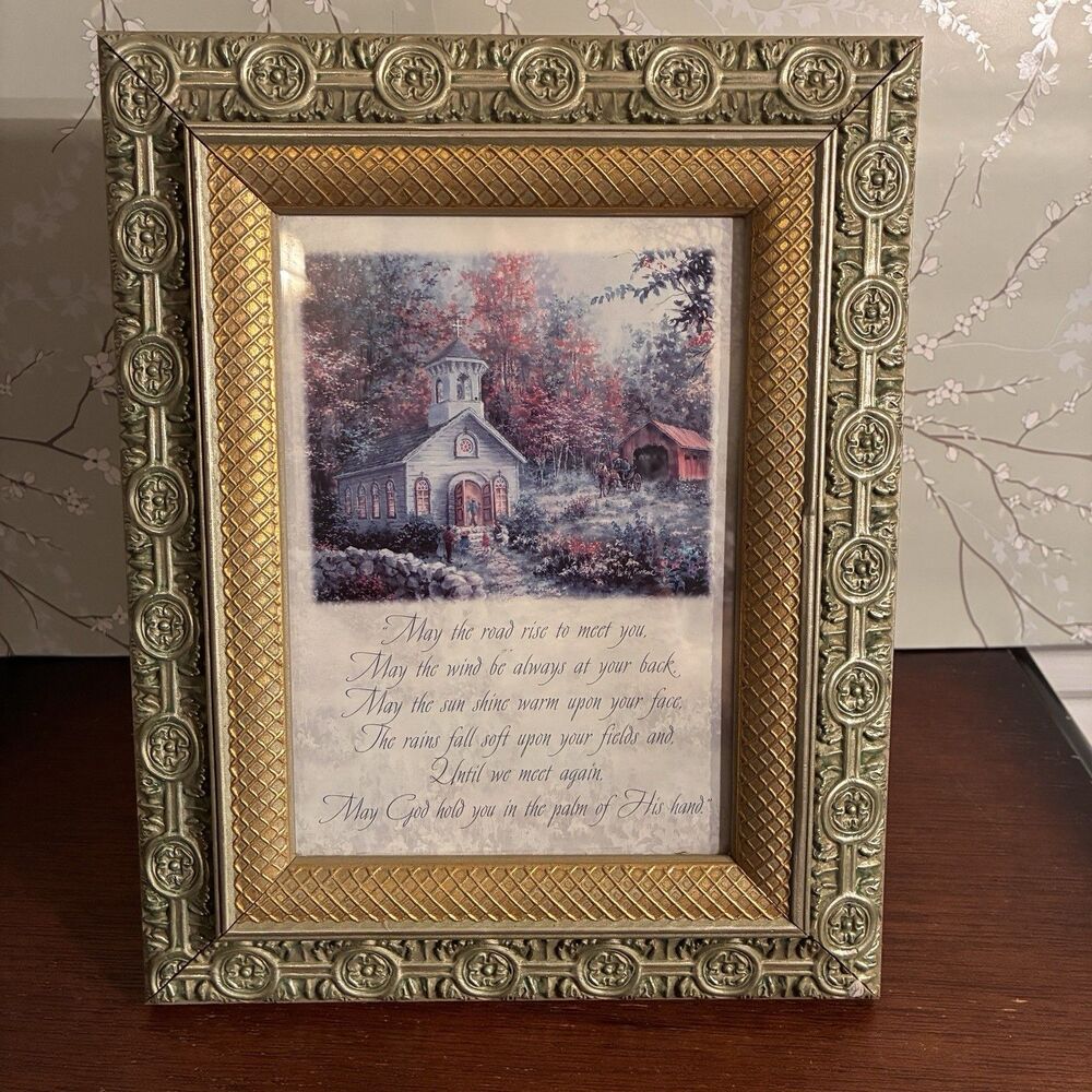 Picture Of A Church Scene And W/ Poem. In A Gold Ornate Frame. Measures 10.5”x8”